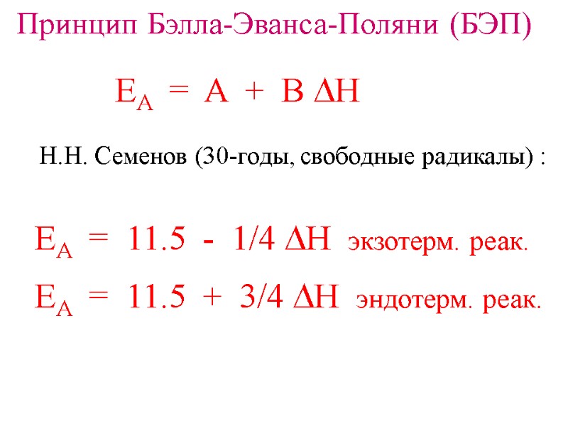 Принцип Бэлла-Эванса-Поляни (БЭП) EA  =  A  +  B DH Н.Н.